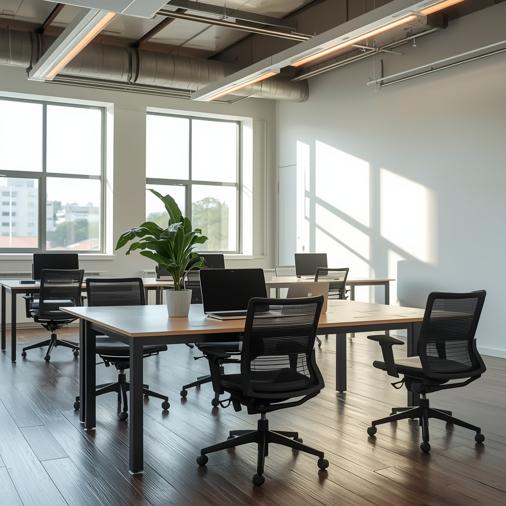 A sleek co-working space with open laptop workstations and natural light streaming through large windows